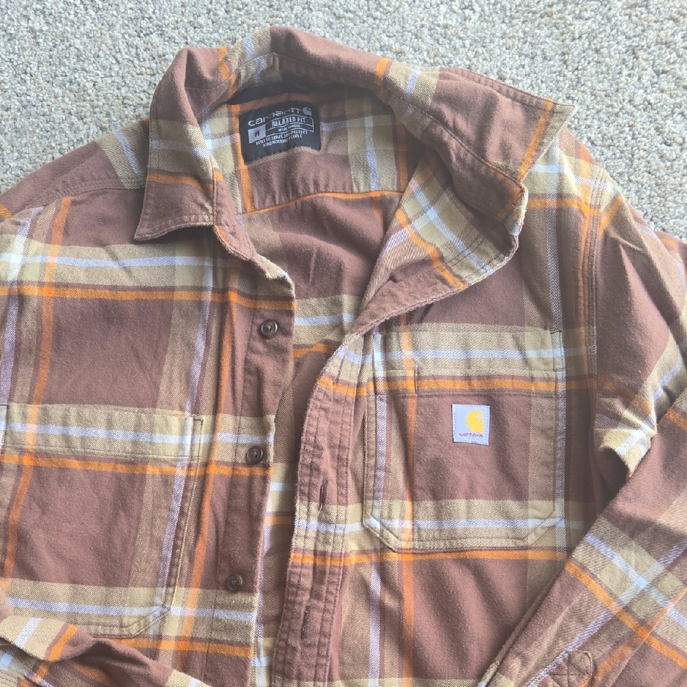 Carhartt Brown and Orange Plaid Casual Button Down Shirt